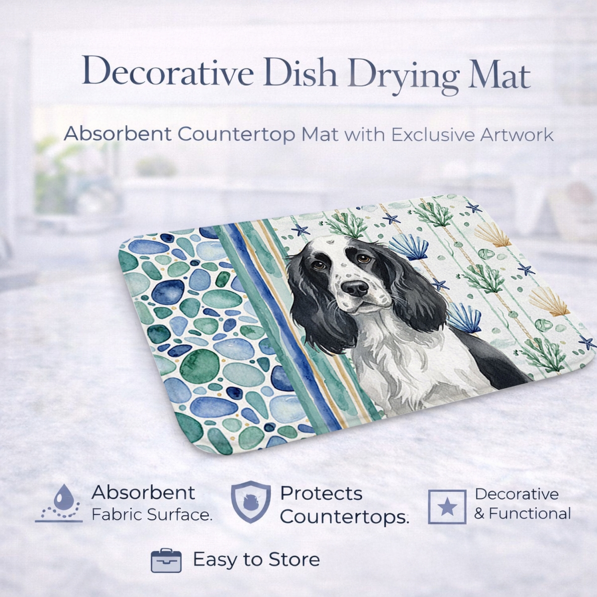 Picture of Carolines Treasures WDK7032DDM 21 x 14 in. Black & White English Springer Spaniel Coastal Sea Glass Dish Drying Mat
