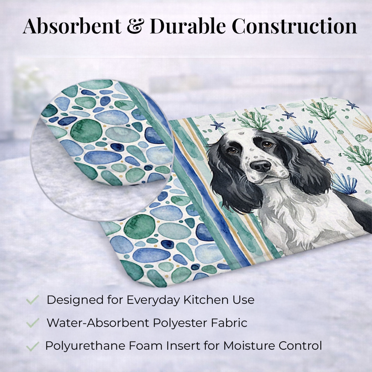 Picture of Carolines Treasures WDK7032DDM 21 x 14 in. Black & White English Springer Spaniel Coastal Sea Glass Dish Drying Mat