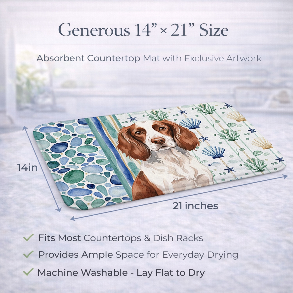 Picture of Carolines Treasures WDK7033DDM 21 x 14 in. Liver & White English Springer Spaniel Coastal Sea Glass Dish Drying Mat