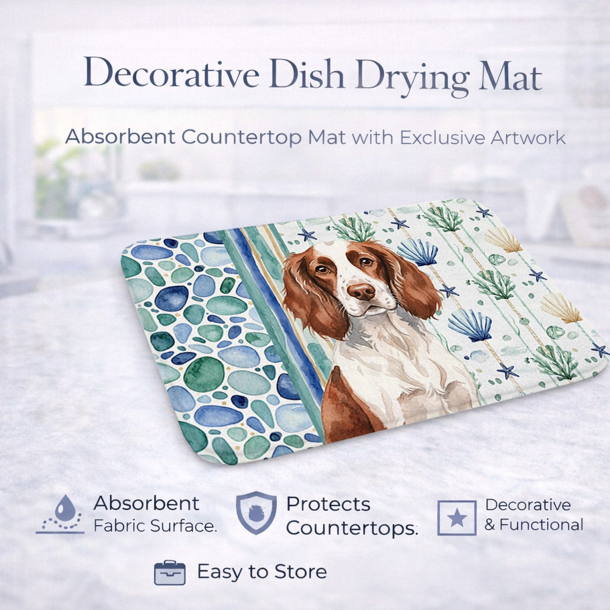 Picture of Carolines Treasures WDK7033DDM 21 x 14 in. Liver & White English Springer Spaniel Coastal Sea Glass Dish Drying Mat