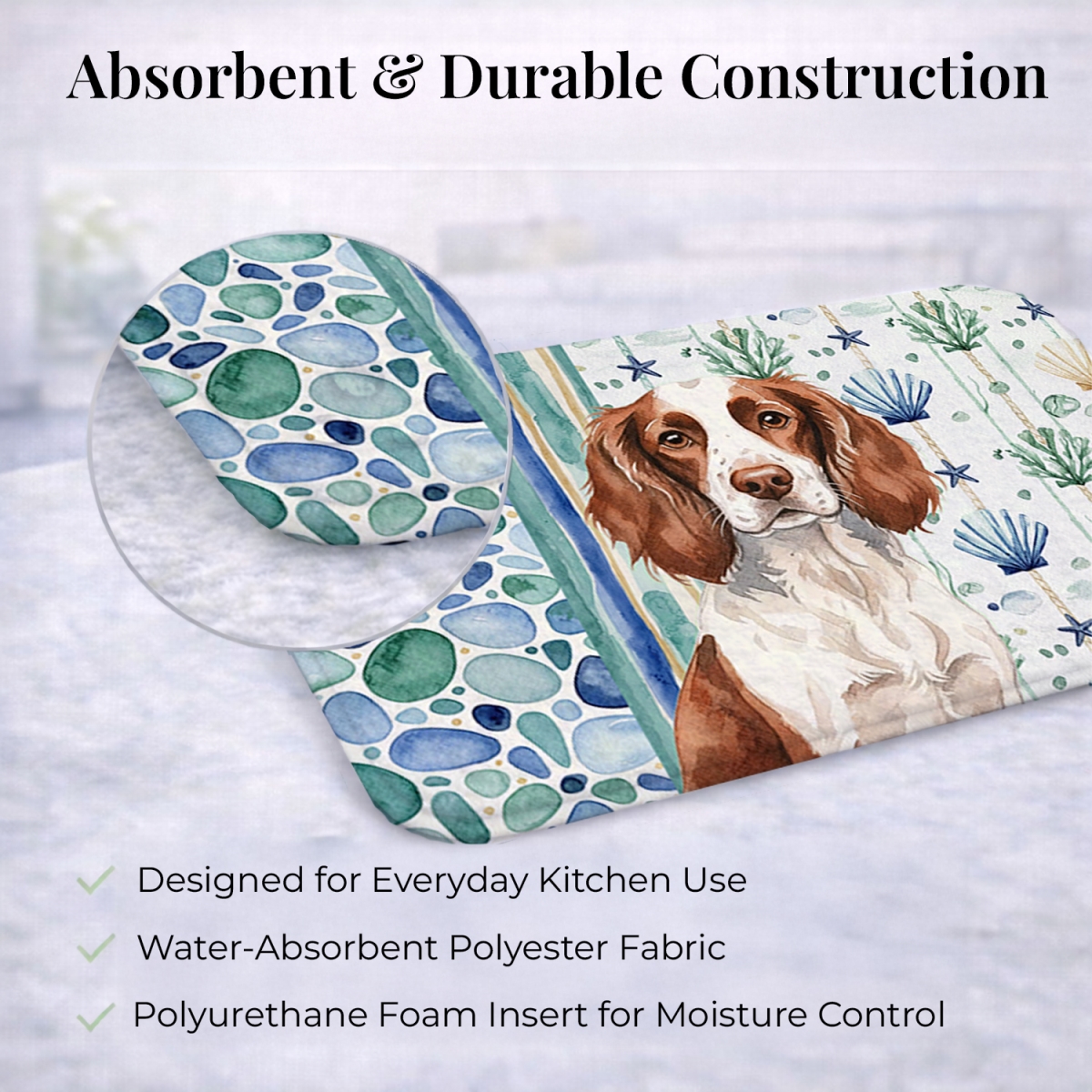 Picture of Carolines Treasures WDK7033DDM 21 x 14 in. Liver & White English Springer Spaniel Coastal Sea Glass Dish Drying Mat