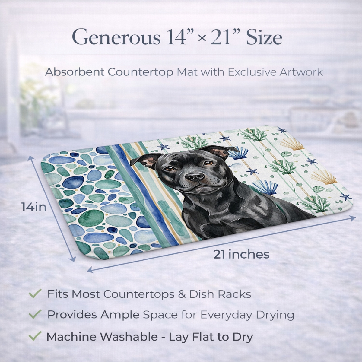 Picture of Carolines Treasures WDK7228DDM 21 x 14 in. Black Staffordshire Bull Terrier Coastal Sea Glass Dish Drying Mat