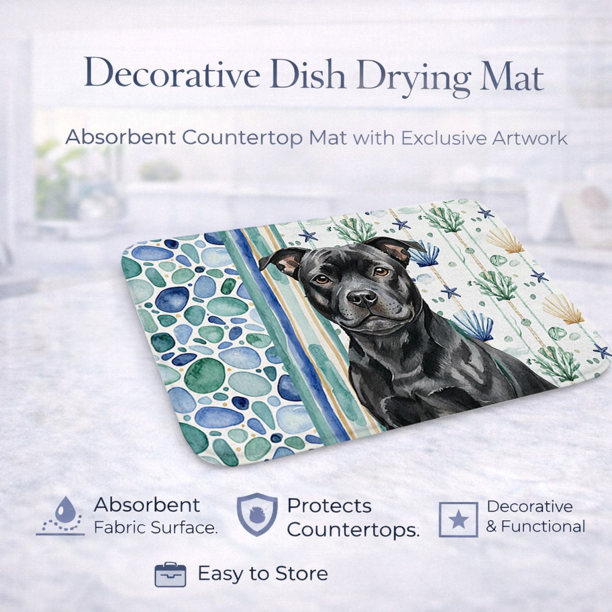 Picture of Carolines Treasures WDK7228DDM 21 x 14 in. Black Staffordshire Bull Terrier Coastal Sea Glass Dish Drying Mat