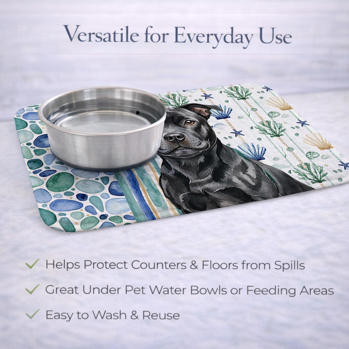Picture of Carolines Treasures WDK7228DDM 21 x 14 in. Black Staffordshire Bull Terrier Coastal Sea Glass Dish Drying Mat