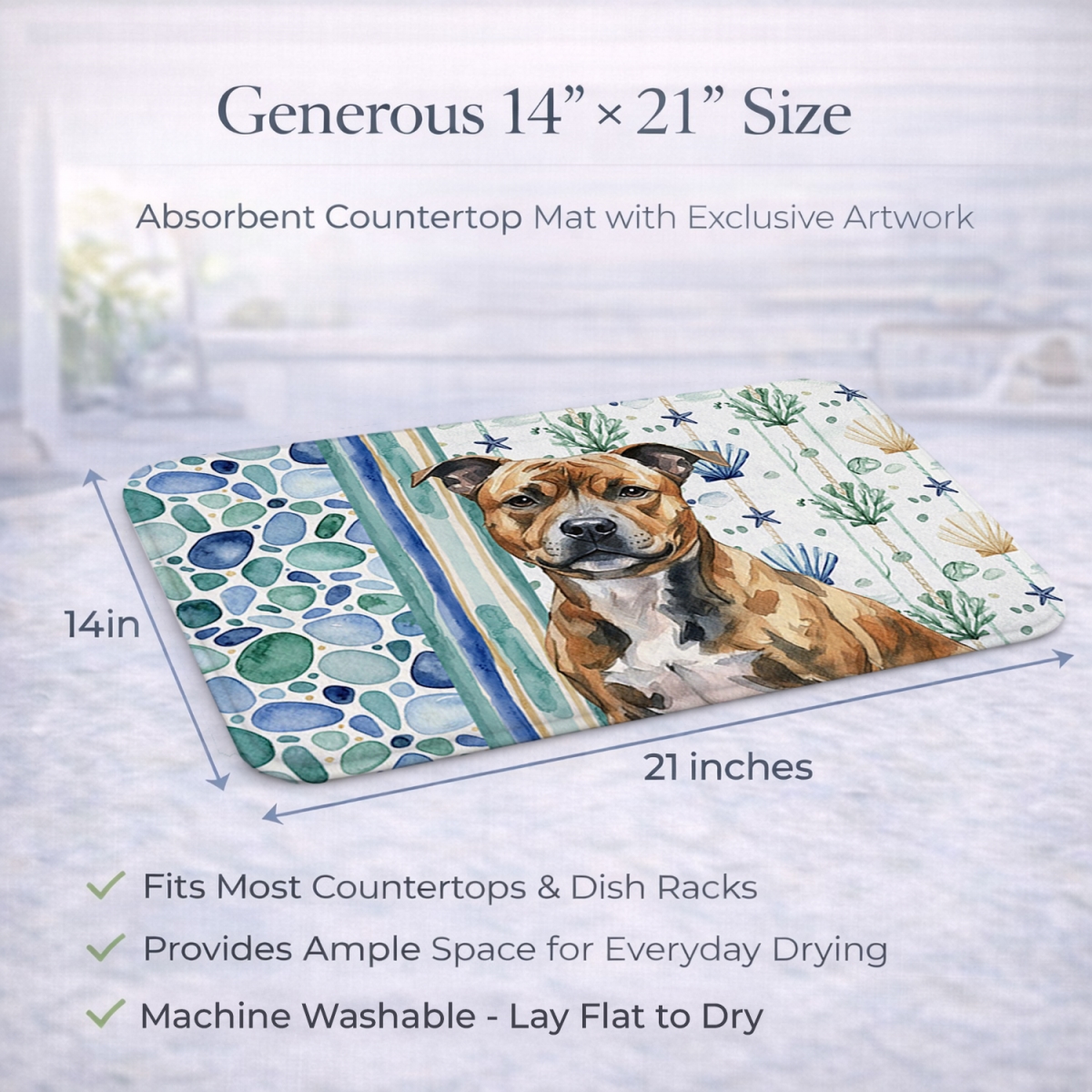 Picture of Carolines Treasures WDK7229DDM 21 x 14 in. Brindle Staffordshire Bull Terrier Coastal Sea Glass Dish Drying Mat