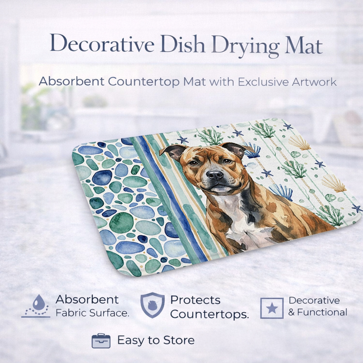 Picture of Carolines Treasures WDK7229DDM 21 x 14 in. Brindle Staffordshire Bull Terrier Coastal Sea Glass Dish Drying Mat