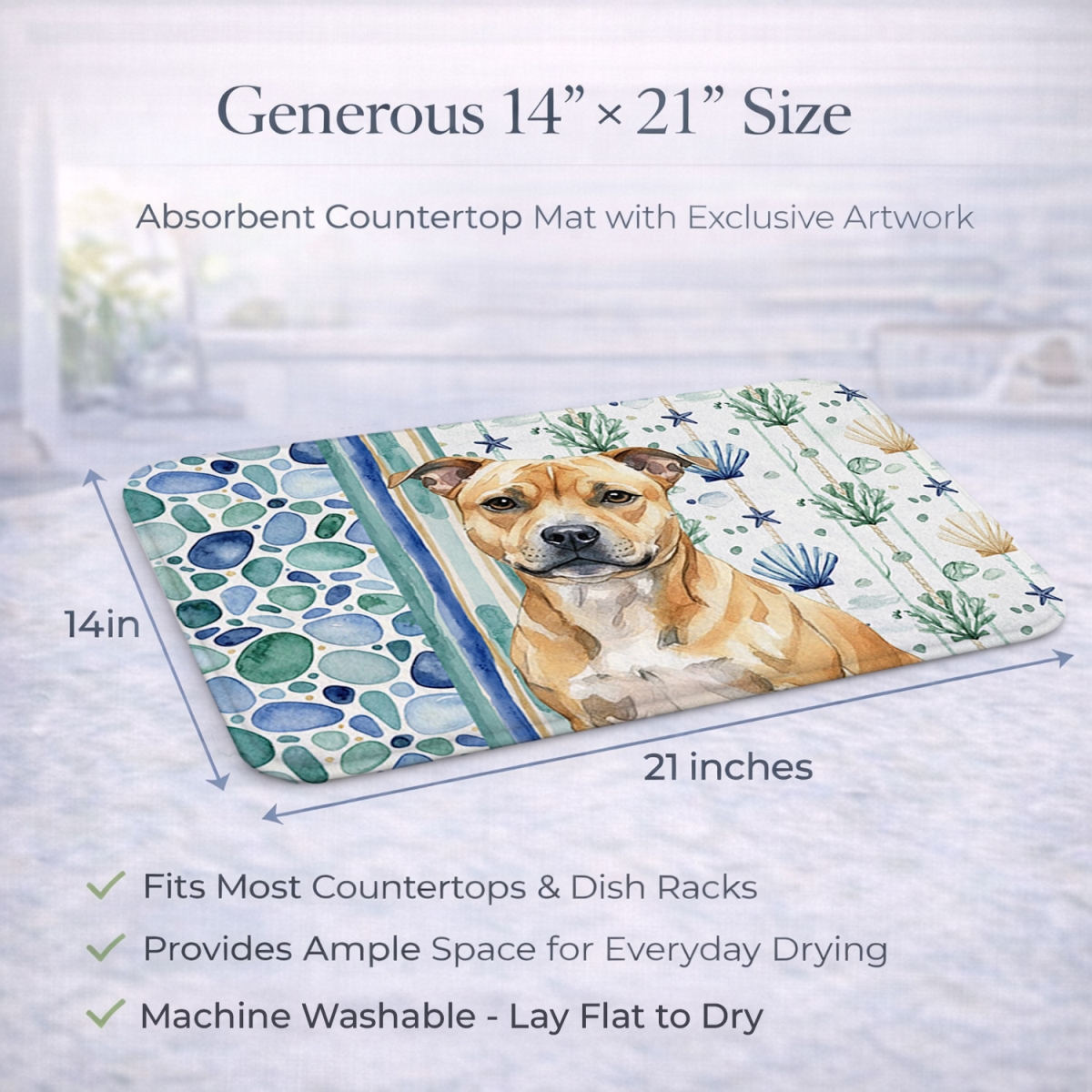 Picture of Carolines Treasures WDK7230DDM 21 x 14 in. Fawn Staffordshire Bull Terrier Coastal Sea Glass Dish Drying Mat