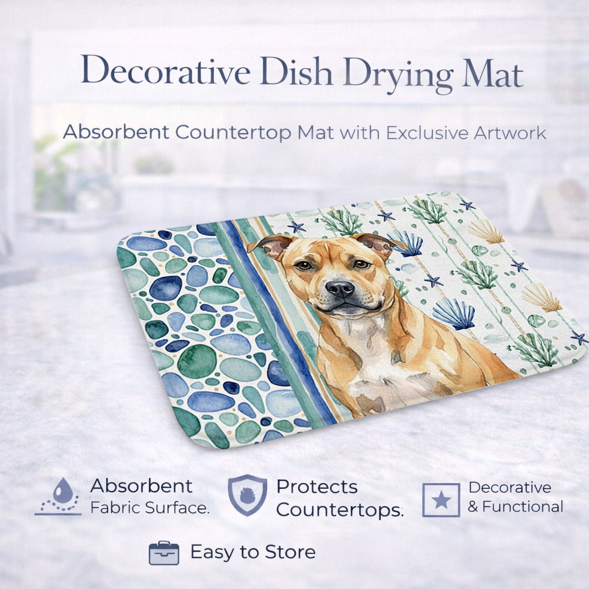 Picture of Carolines Treasures WDK7230DDM 21 x 14 in. Fawn Staffordshire Bull Terrier Coastal Sea Glass Dish Drying Mat
