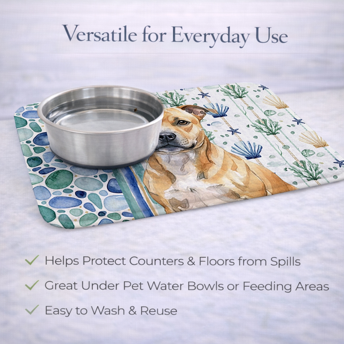 Picture of Carolines Treasures WDK7230DDM 21 x 14 in. Fawn Staffordshire Bull Terrier Coastal Sea Glass Dish Drying Mat