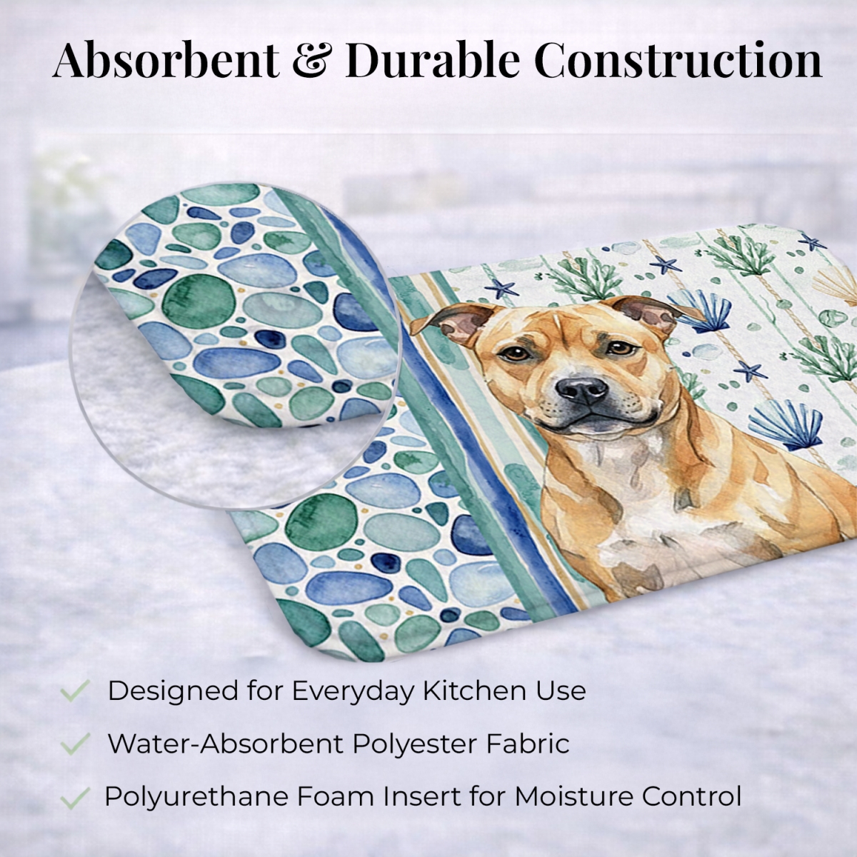 Picture of Carolines Treasures WDK7230DDM 21 x 14 in. Fawn Staffordshire Bull Terrier Coastal Sea Glass Dish Drying Mat