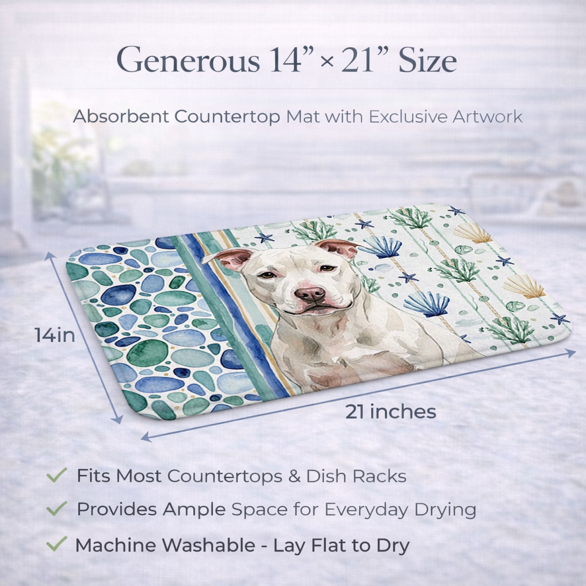 Picture of Carolines Treasures WDK7231DDM 21 x 14 in. White Staffordshire Bull Terrier Coastal Sea Glass Dish Drying Mat