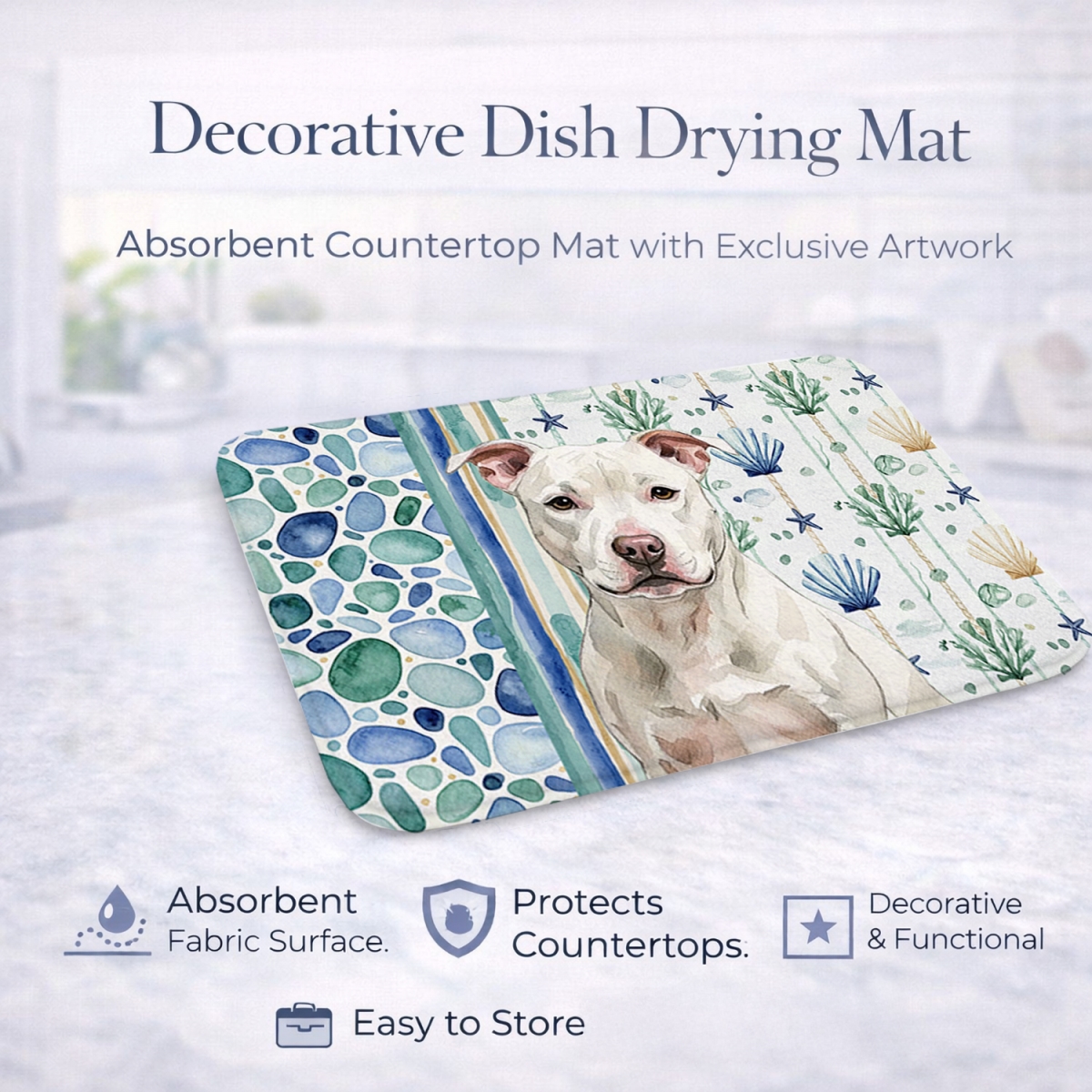 Picture of Carolines Treasures WDK7231DDM 21 x 14 in. White Staffordshire Bull Terrier Coastal Sea Glass Dish Drying Mat