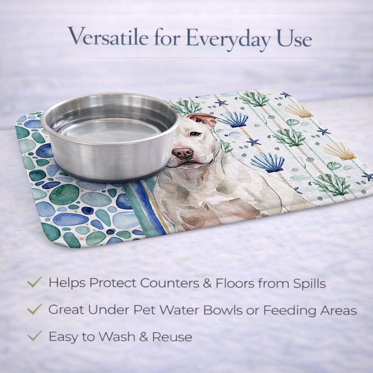 Picture of Carolines Treasures WDK7231DDM 21 x 14 in. White Staffordshire Bull Terrier Coastal Sea Glass Dish Drying Mat