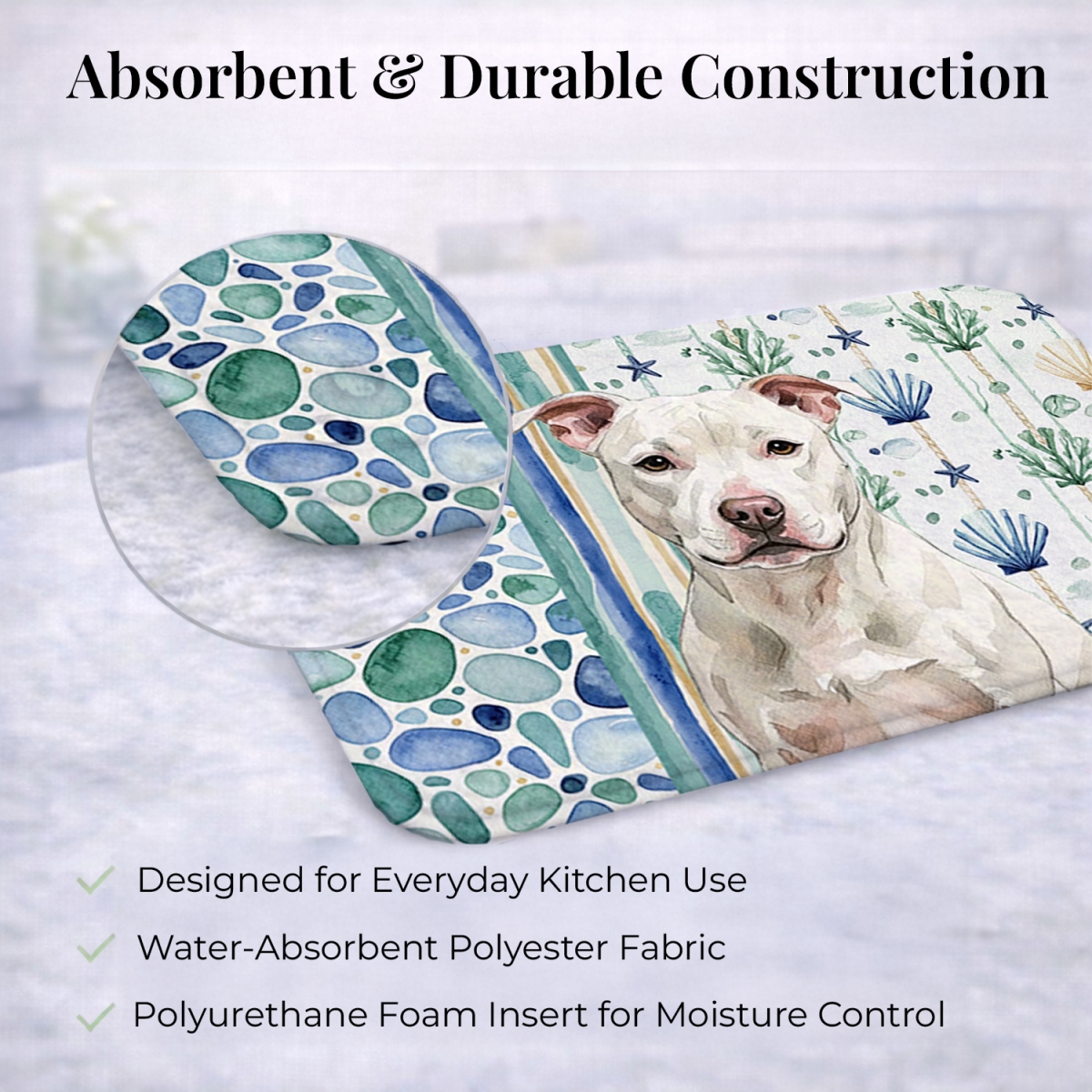 Picture of Carolines Treasures WDK7231DDM 21 x 14 in. White Staffordshire Bull Terrier Coastal Sea Glass Dish Drying Mat