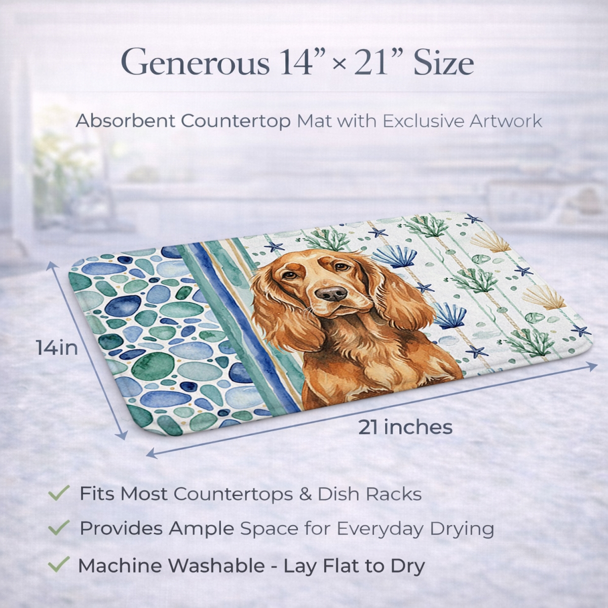 Picture of Carolines Treasures WDK7233DDM 21 x 14 in. Sussex Spaniel Coastal Sea Glass Dish Drying Mat