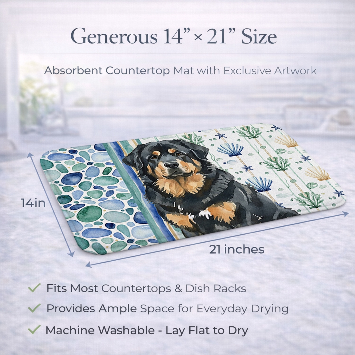 Picture of Carolines Treasures WDK7234DDM 21 x 14 in. Black & Tan Tibetan Mastiff Coastal Sea Glass Dish Drying Mat