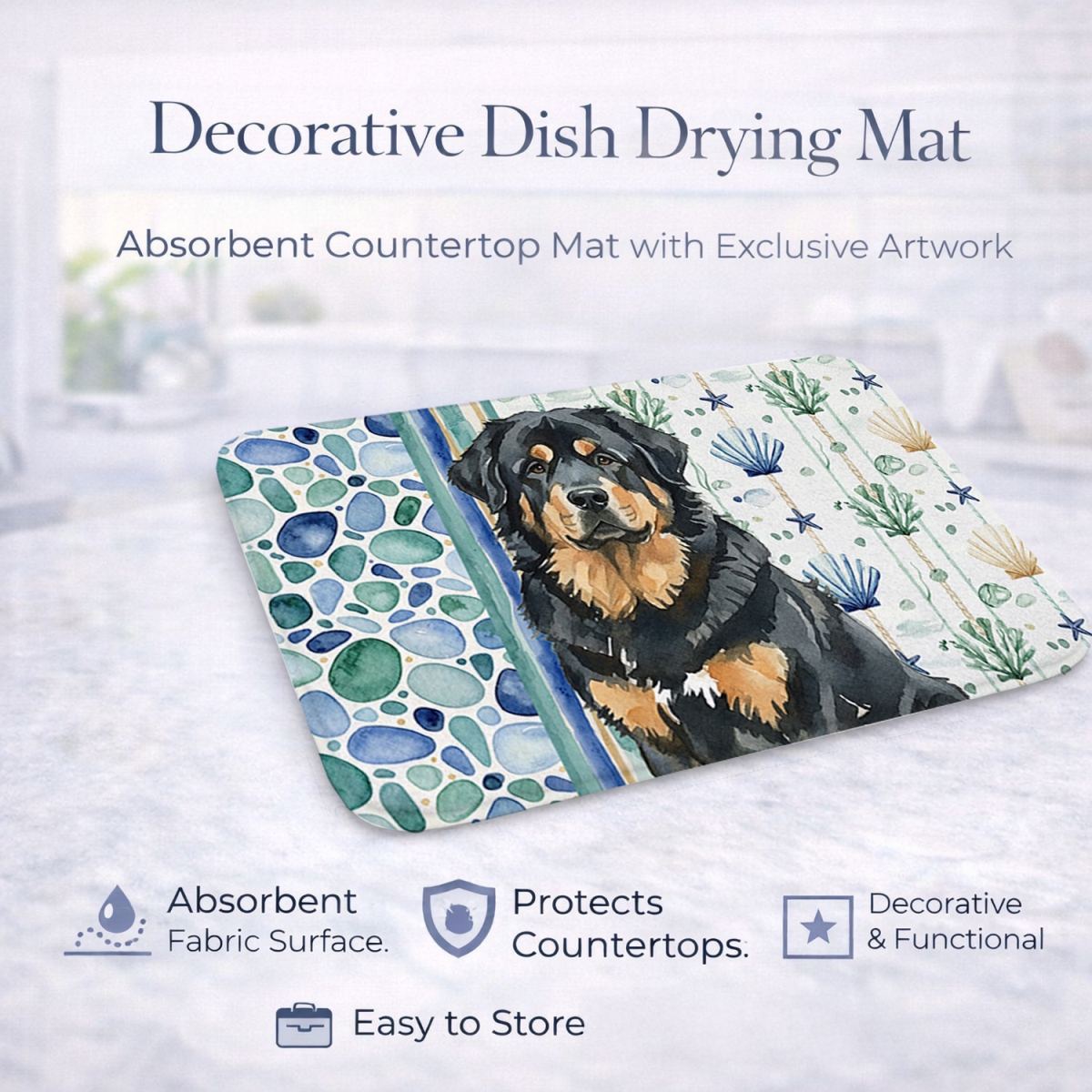 Picture of Carolines Treasures WDK7234DDM 21 x 14 in. Black & Tan Tibetan Mastiff Coastal Sea Glass Dish Drying Mat