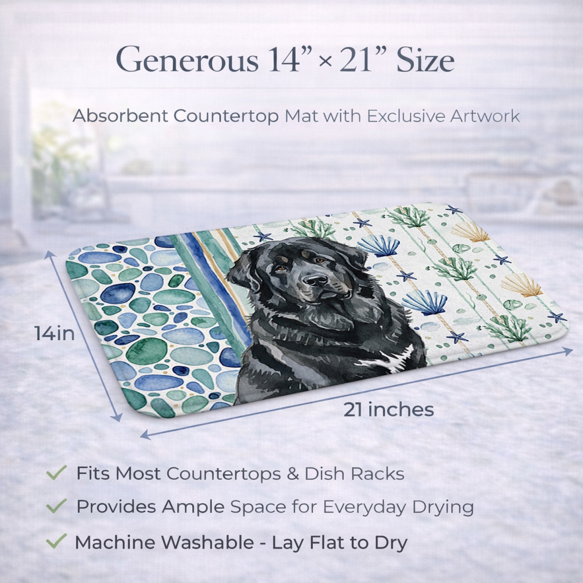 Picture of Carolines Treasures WDK7235DDM 21 x 14 in. Black Tibetan Mastiff Coastal Sea Glass Dish Drying Mat