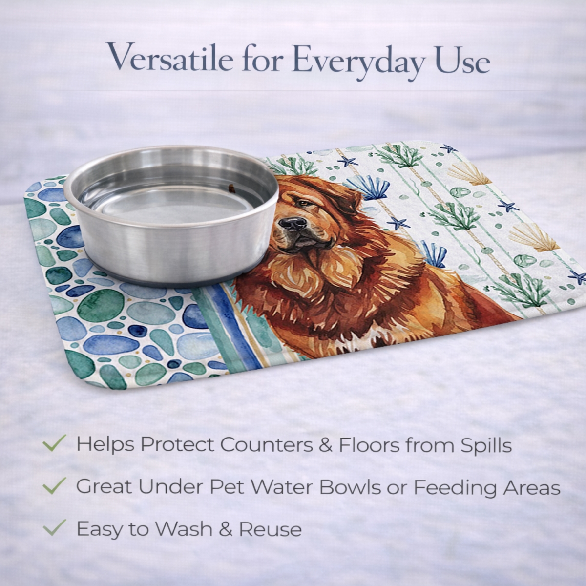 Picture of Carolines Treasures WDK7236DDM 21 x 14 in. Red Gold Tibetan Mastiff Coastal Sea Glass Dish Drying Mat