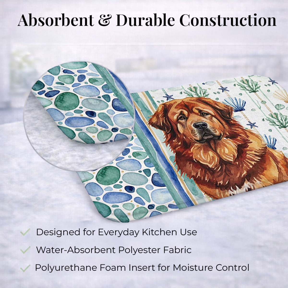Picture of Carolines Treasures WDK7236DDM 21 x 14 in. Red Gold Tibetan Mastiff Coastal Sea Glass Dish Drying Mat