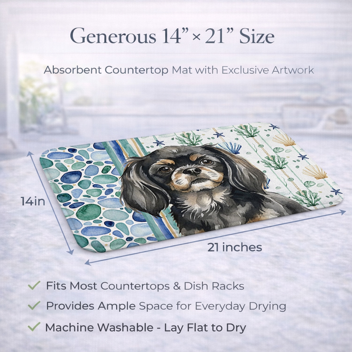 Picture of Carolines Treasures WDK7237DDM 21 x 14 in. Black & Tan Tibetan Spaniel Coastal Sea Glass Dish Drying Mat