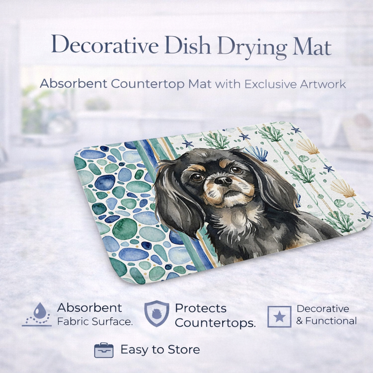 Picture of Carolines Treasures WDK7237DDM 21 x 14 in. Black & Tan Tibetan Spaniel Coastal Sea Glass Dish Drying Mat
