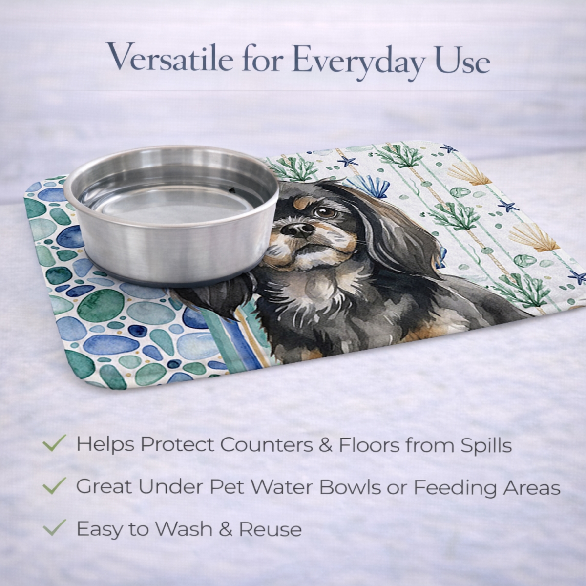 Picture of Carolines Treasures WDK7237DDM 21 x 14 in. Black & Tan Tibetan Spaniel Coastal Sea Glass Dish Drying Mat