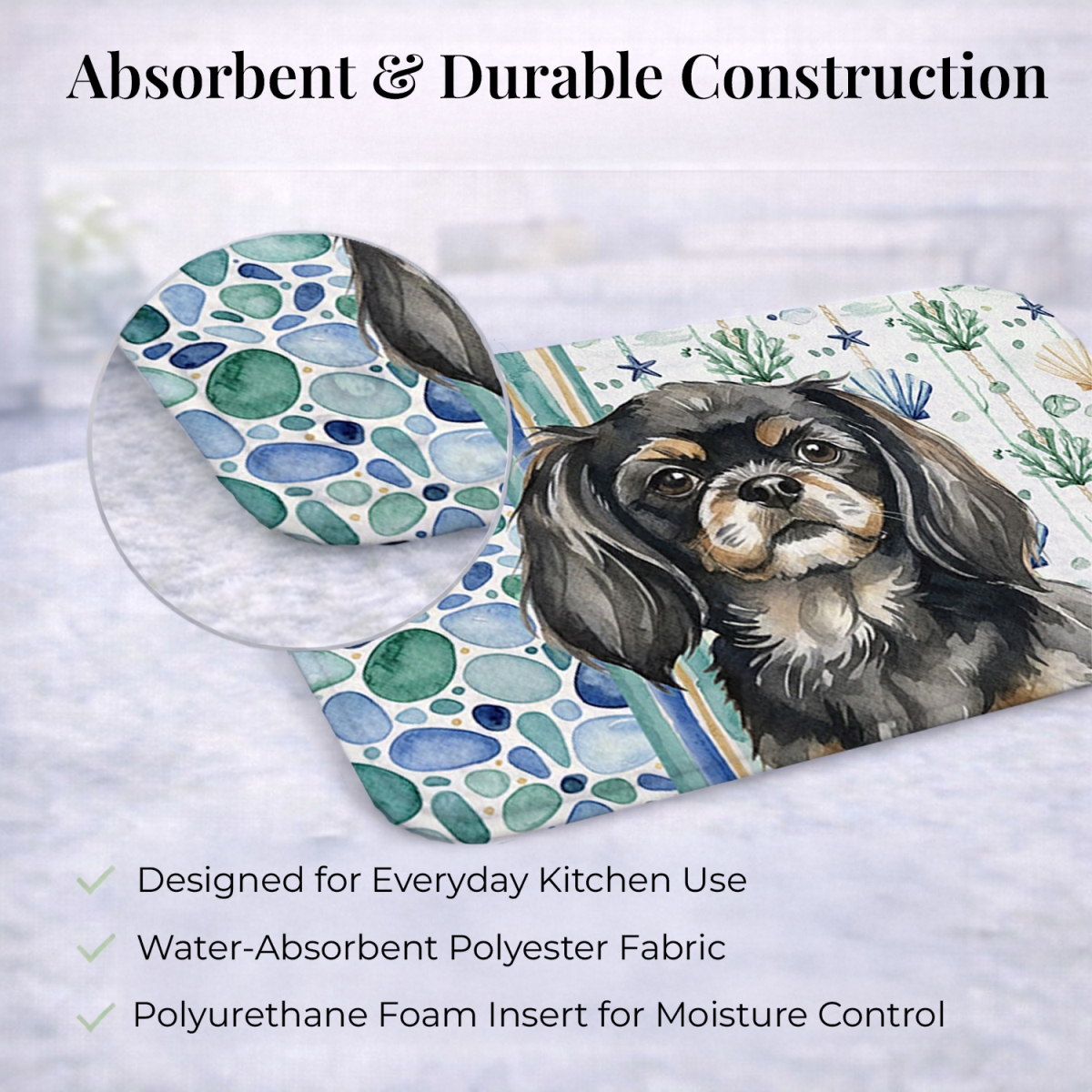 Picture of Carolines Treasures WDK7237DDM 21 x 14 in. Black & Tan Tibetan Spaniel Coastal Sea Glass Dish Drying Mat