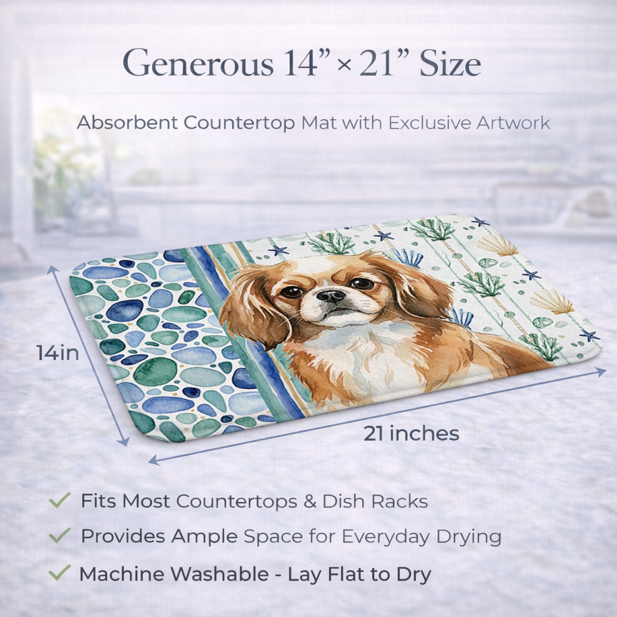 Picture of Carolines Treasures WDK7238DDM 21 x 14 in. Tibetan Spaniel Coastal Sea Glass Dish Drying Mat