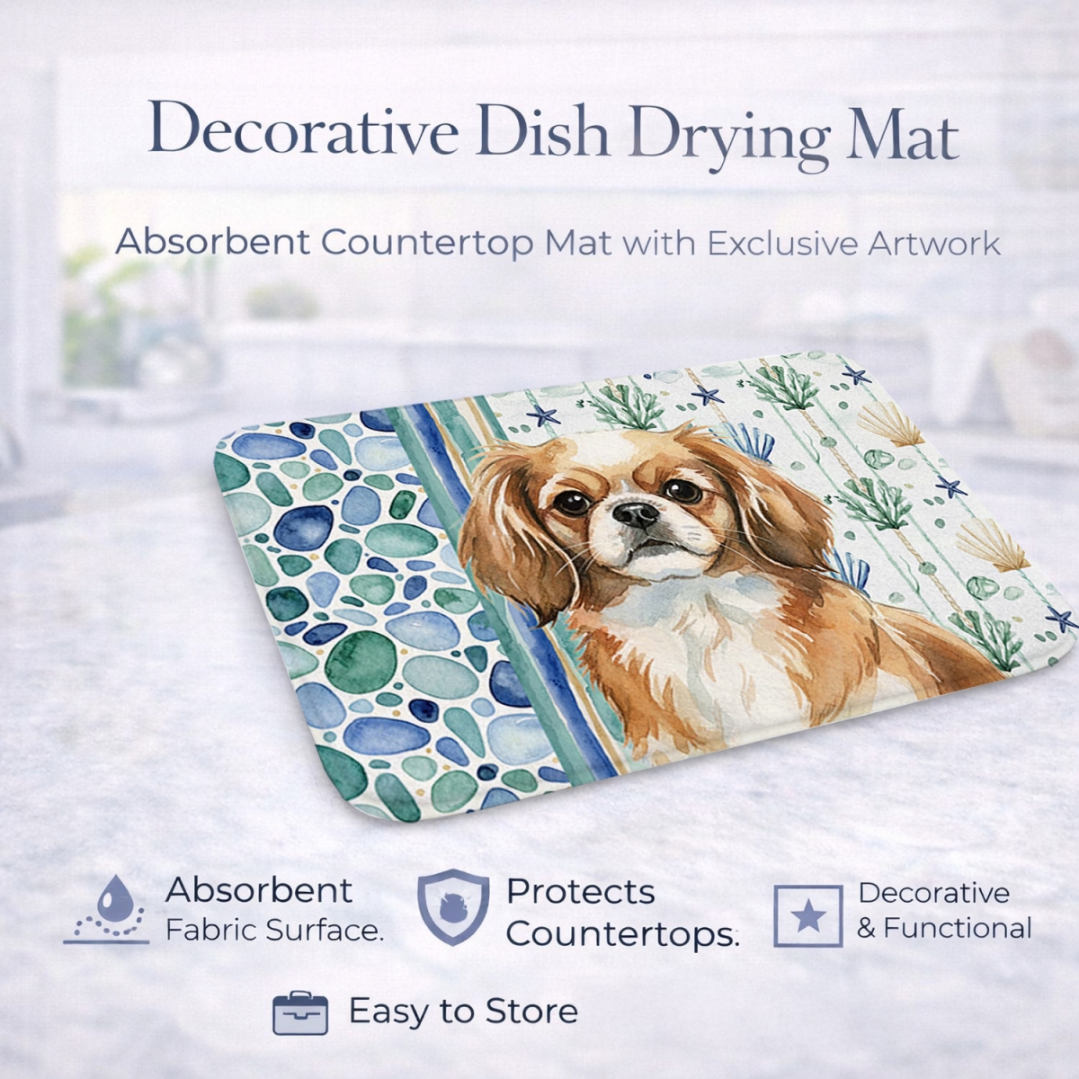Picture of Carolines Treasures WDK7238DDM 21 x 14 in. Tibetan Spaniel Coastal Sea Glass Dish Drying Mat