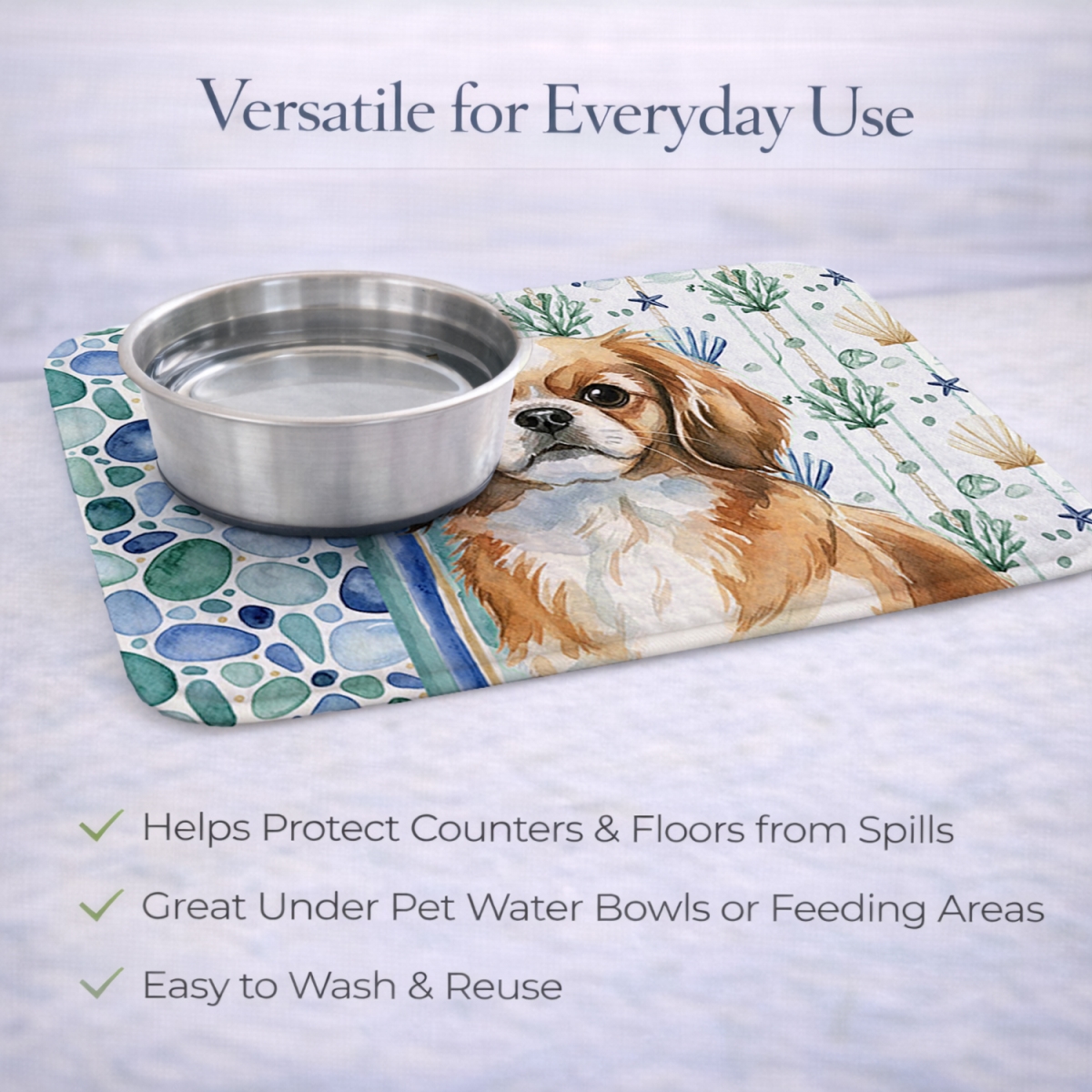 Picture of Carolines Treasures WDK7238DDM 21 x 14 in. Tibetan Spaniel Coastal Sea Glass Dish Drying Mat
