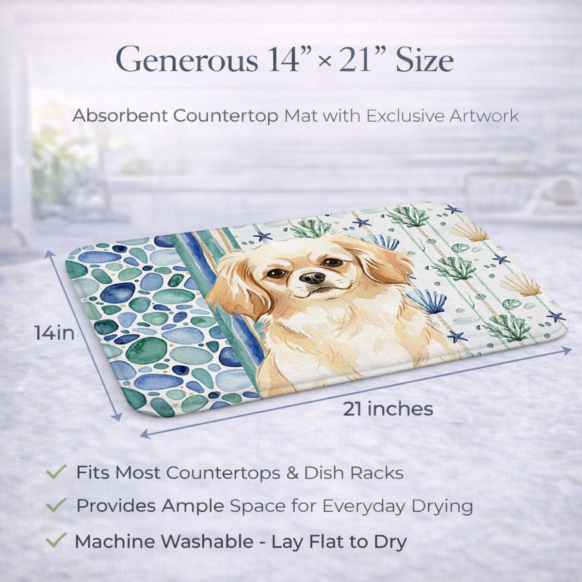 Picture of Carolines Treasures WDK7239DDM 21 x 14 in. Cream Tibetan Spaniel Coastal Sea Glass Dish Drying Mat
