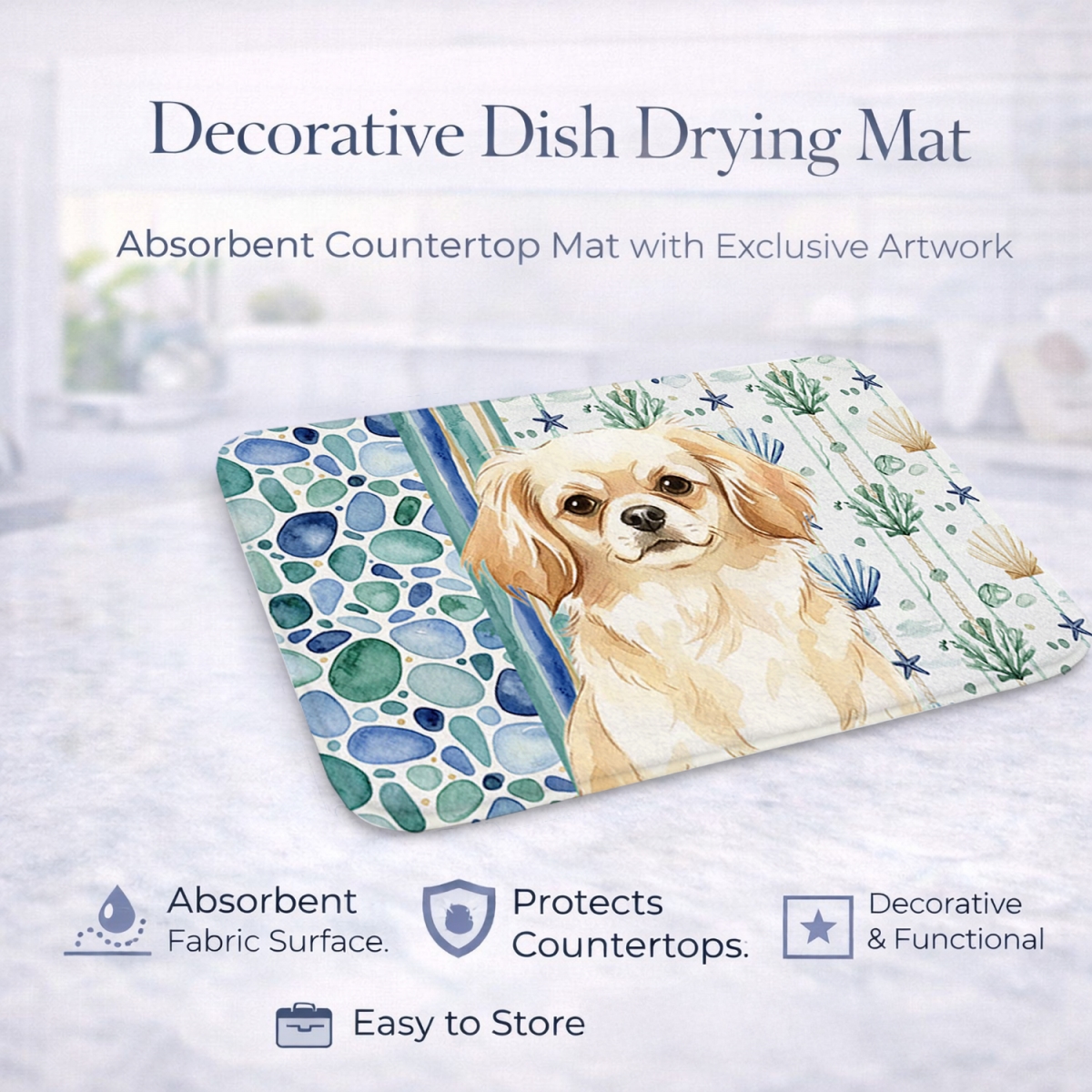 Picture of Carolines Treasures WDK7239DDM 21 x 14 in. Cream Tibetan Spaniel Coastal Sea Glass Dish Drying Mat