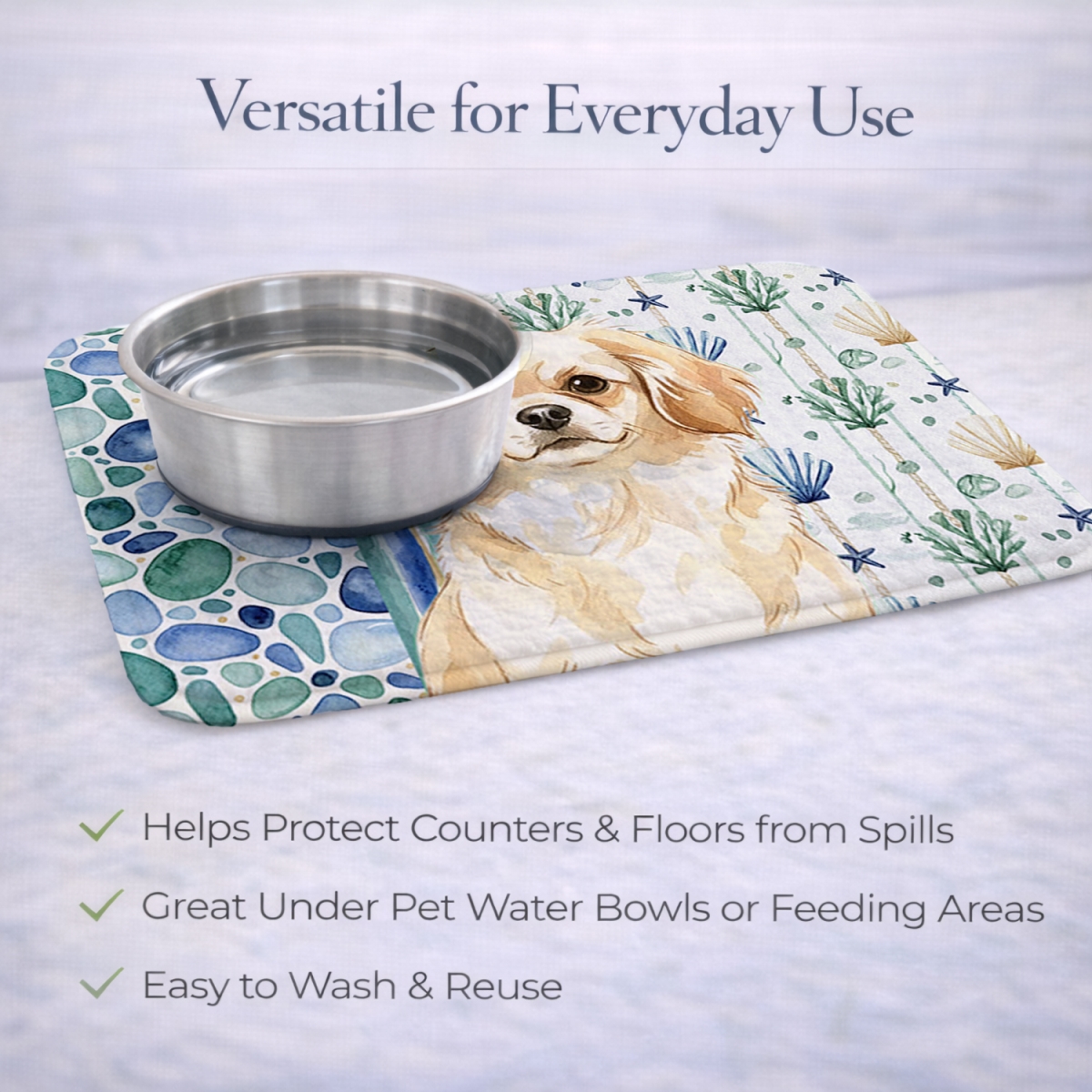 Picture of Carolines Treasures WDK7239DDM 21 x 14 in. Cream Tibetan Spaniel Coastal Sea Glass Dish Drying Mat