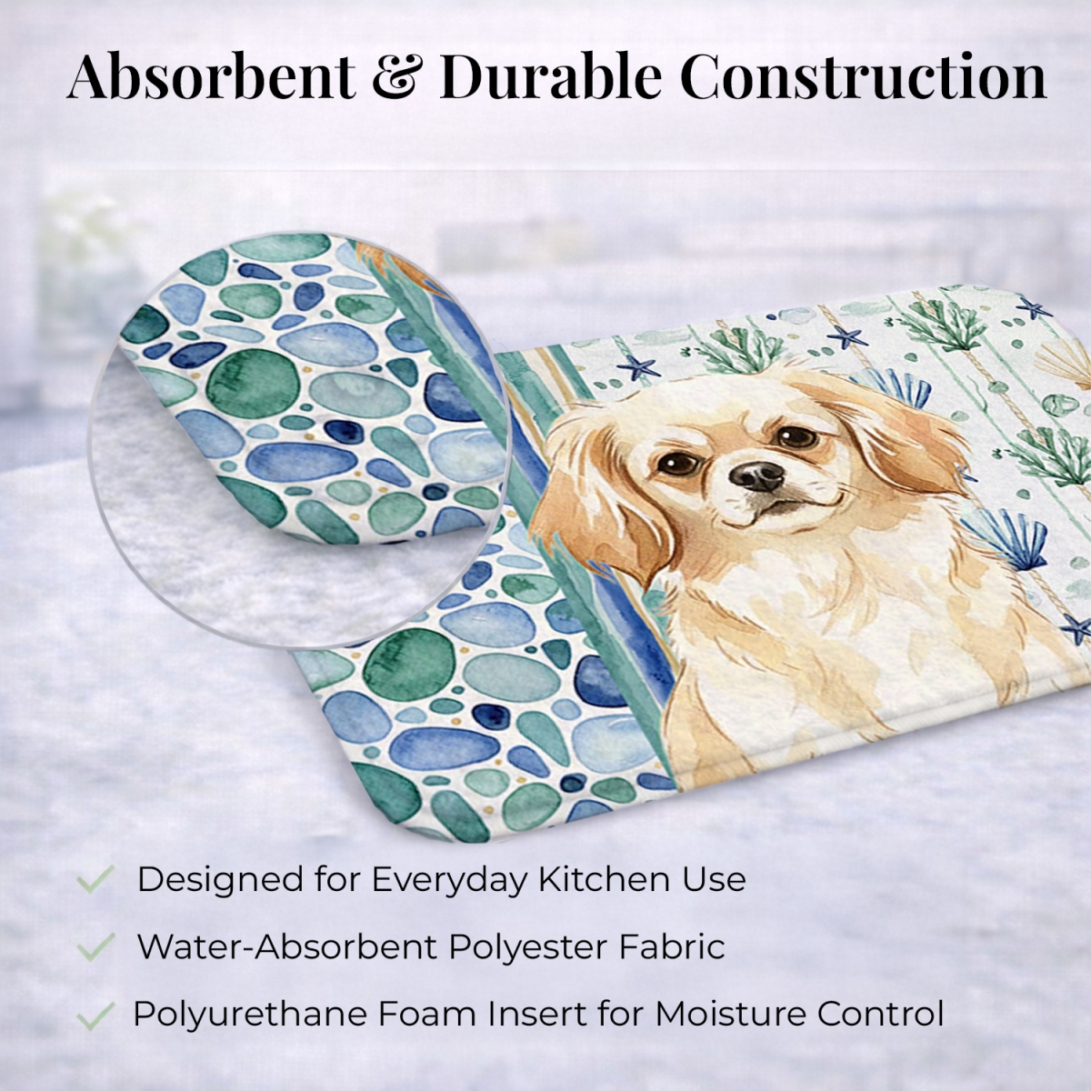 Picture of Carolines Treasures WDK7239DDM 21 x 14 in. Cream Tibetan Spaniel Coastal Sea Glass Dish Drying Mat