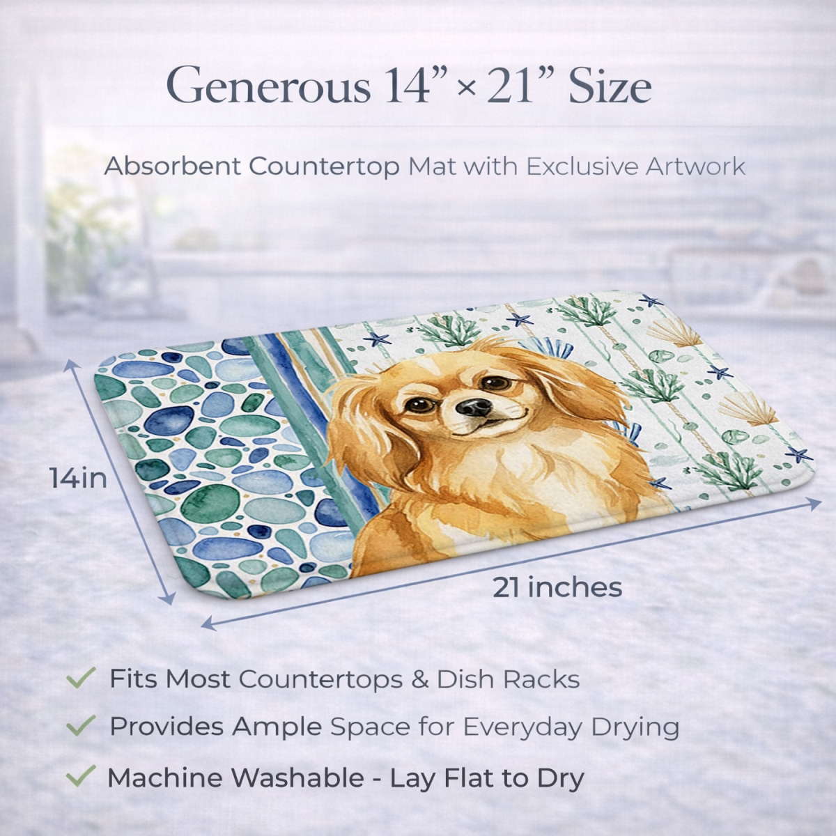 Picture of Carolines Treasures WDK7240DDM 21 x 14 in. Gold Tibetan Spaniel Coastal Sea Glass Dish Drying Mat