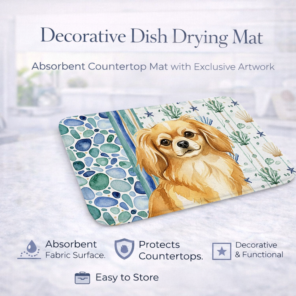 Picture of Carolines Treasures WDK7240DDM 21 x 14 in. Gold Tibetan Spaniel Coastal Sea Glass Dish Drying Mat