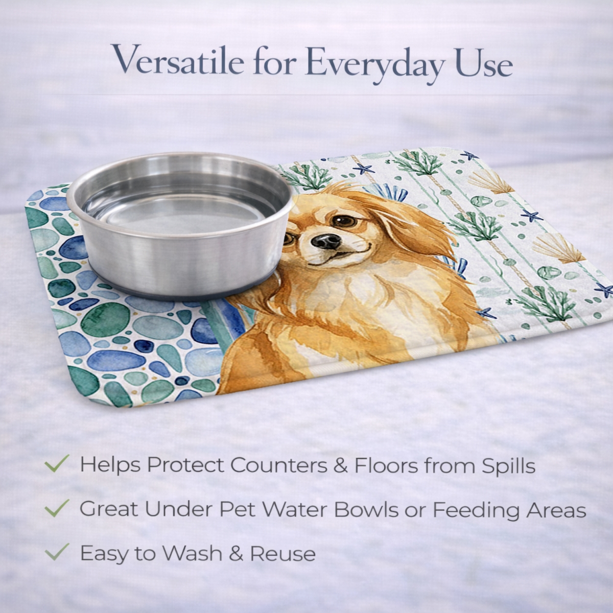 Picture of Carolines Treasures WDK7240DDM 21 x 14 in. Gold Tibetan Spaniel Coastal Sea Glass Dish Drying Mat