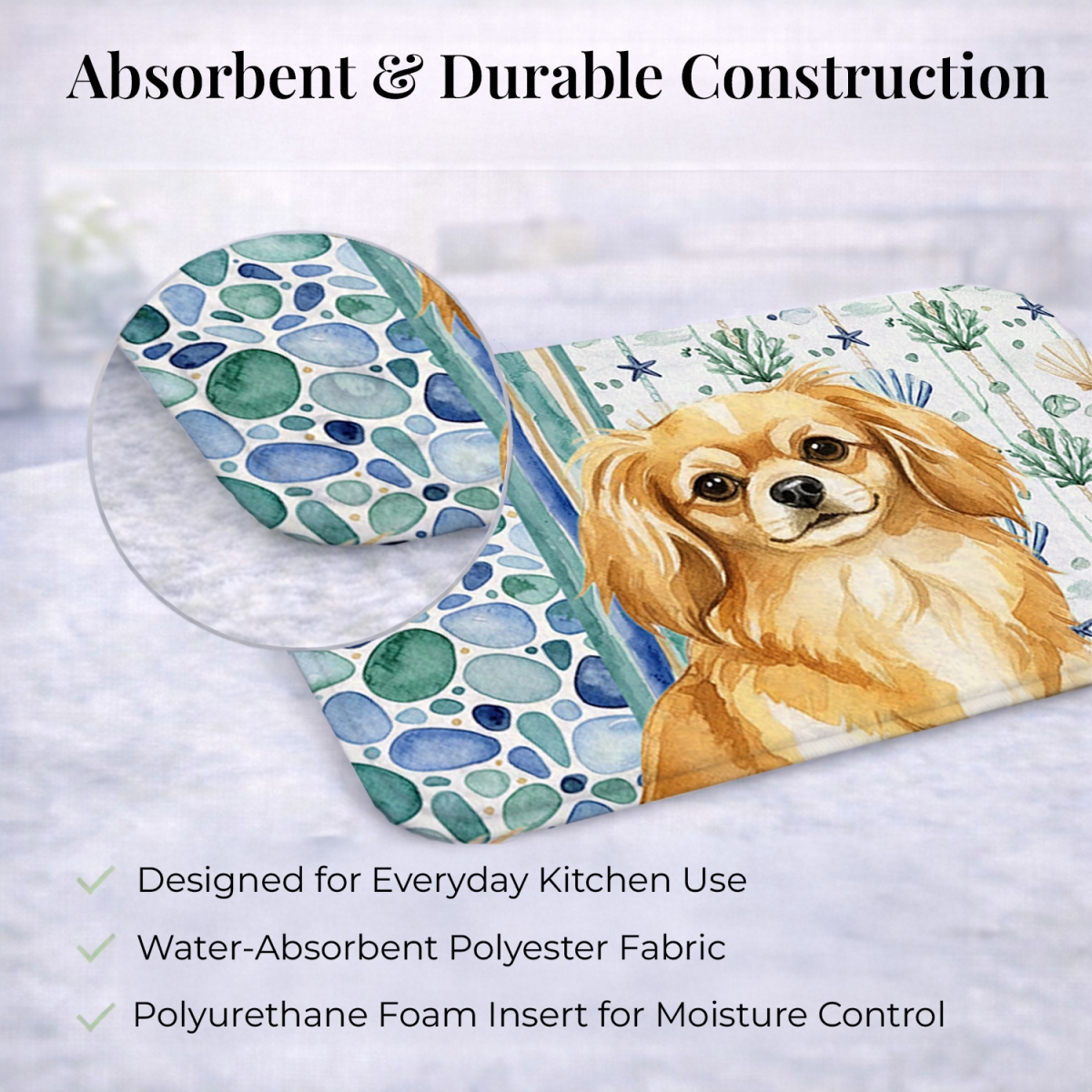 Picture of Carolines Treasures WDK7240DDM 21 x 14 in. Gold Tibetan Spaniel Coastal Sea Glass Dish Drying Mat