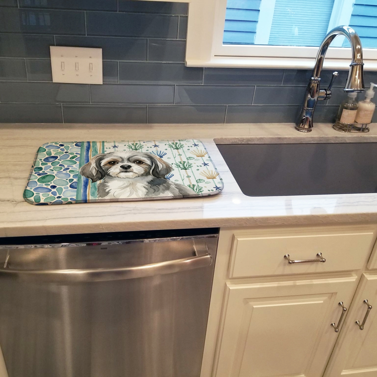 Picture of Carolines Treasures WDK7241DDM 21 x 14 in. Gray & White Tibetan Spaniel Coastal Sea Glass Dish Drying Mat