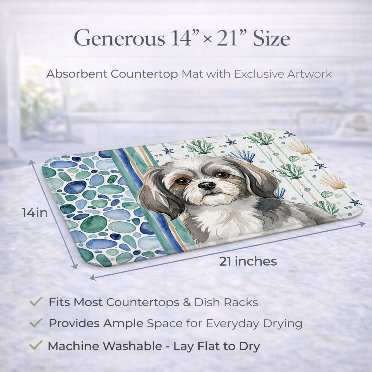 Picture of Carolines Treasures WDK7241DDM 21 x 14 in. Gray & White Tibetan Spaniel Coastal Sea Glass Dish Drying Mat