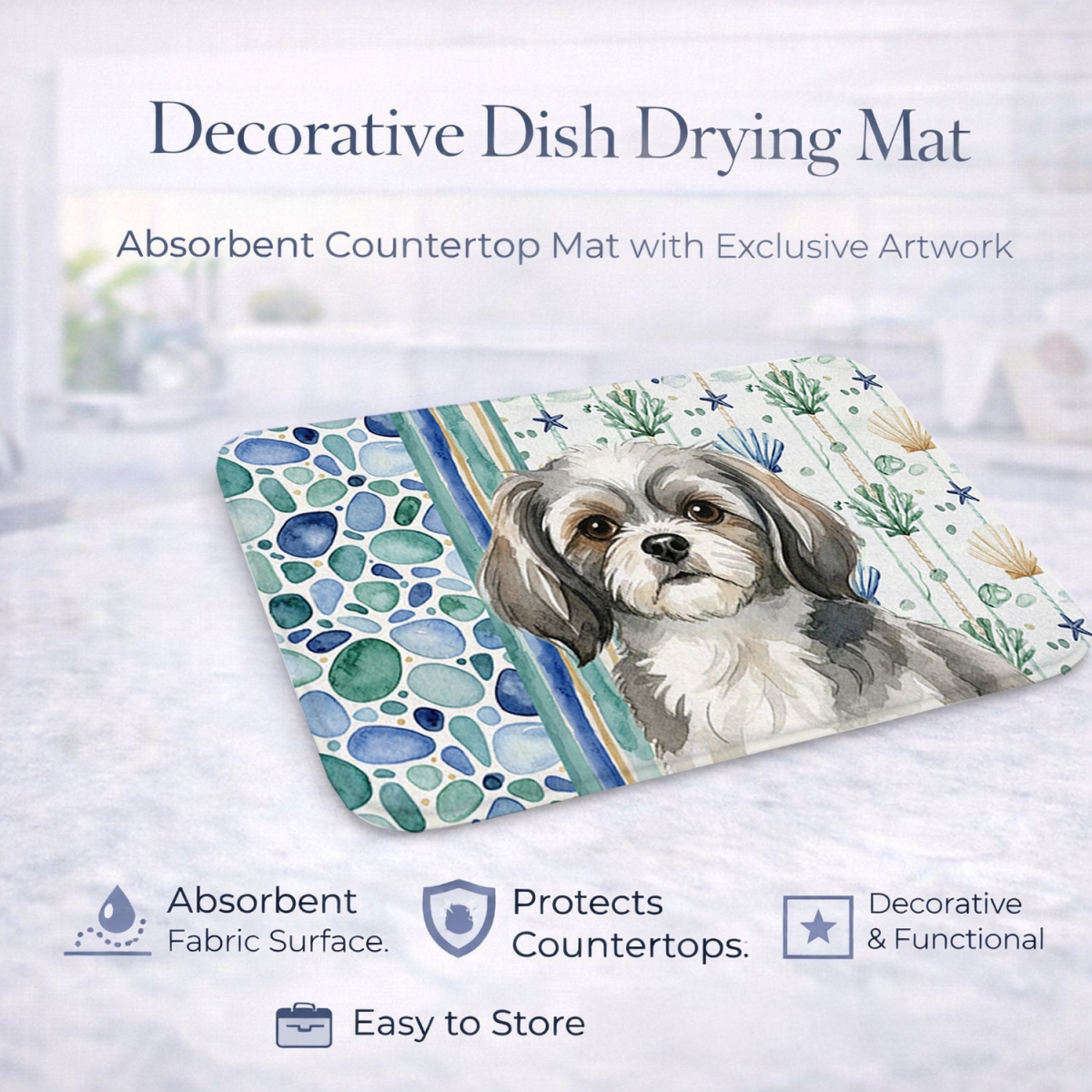 Picture of Carolines Treasures WDK7241DDM 21 x 14 in. Gray & White Tibetan Spaniel Coastal Sea Glass Dish Drying Mat