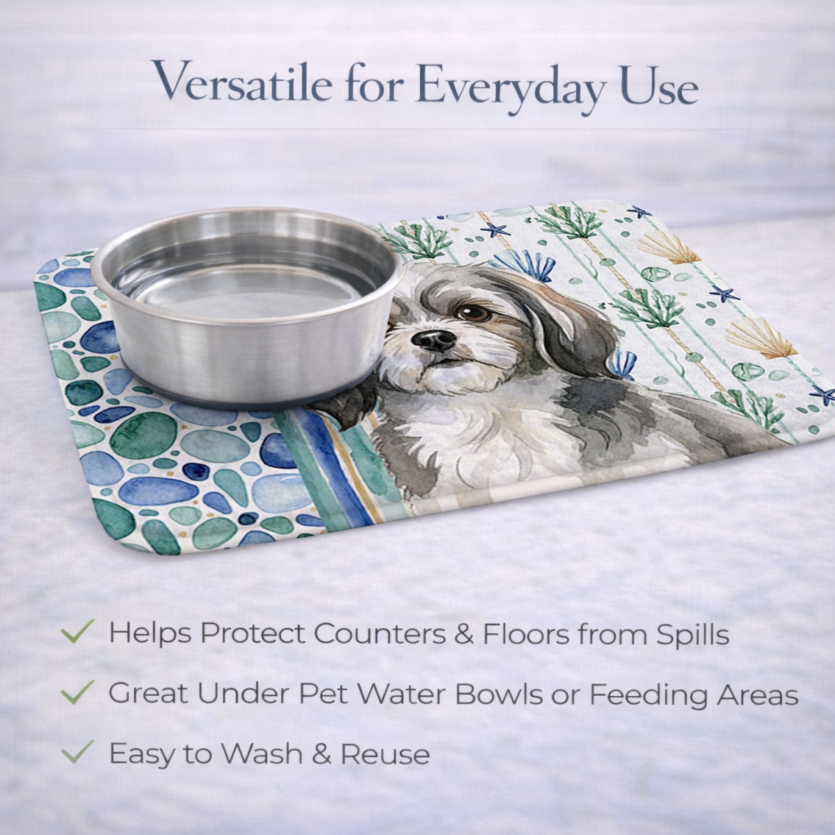 Picture of Carolines Treasures WDK7241DDM 21 x 14 in. Gray & White Tibetan Spaniel Coastal Sea Glass Dish Drying Mat