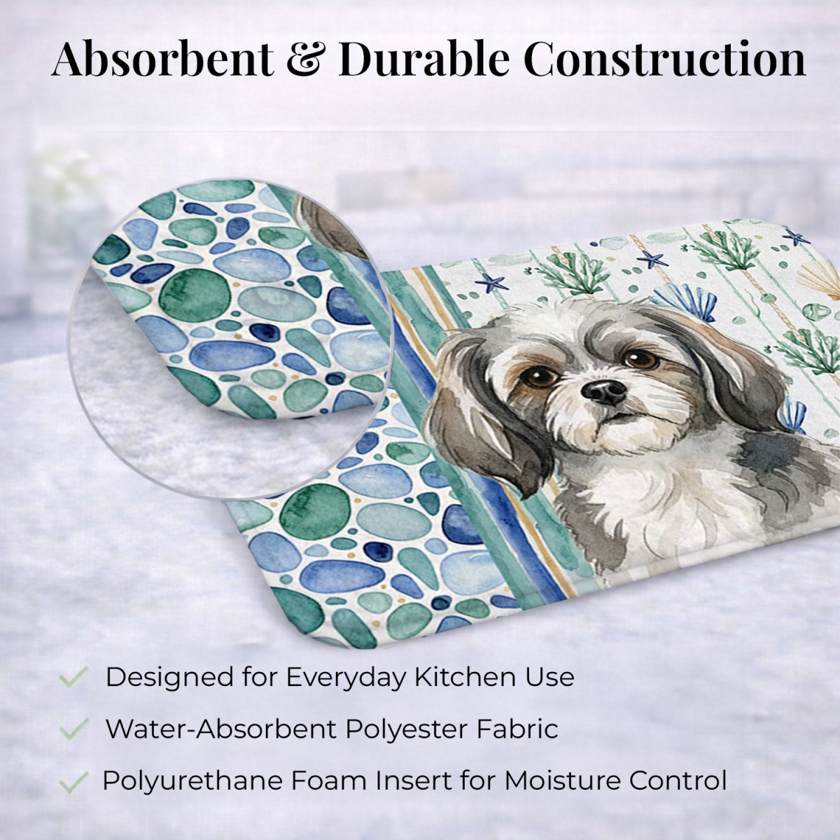 Picture of Carolines Treasures WDK7241DDM 21 x 14 in. Gray & White Tibetan Spaniel Coastal Sea Glass Dish Drying Mat
