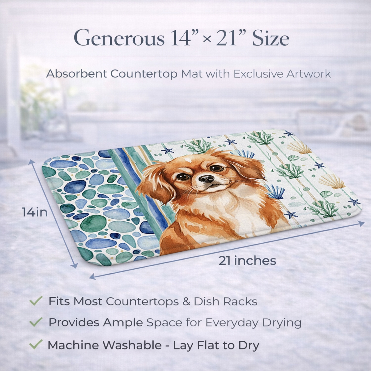 Picture of Carolines Treasures WDK7242DDM 21 x 14 in. Red Tibetan Spaniel Coastal Sea Glass Dish Drying Mat