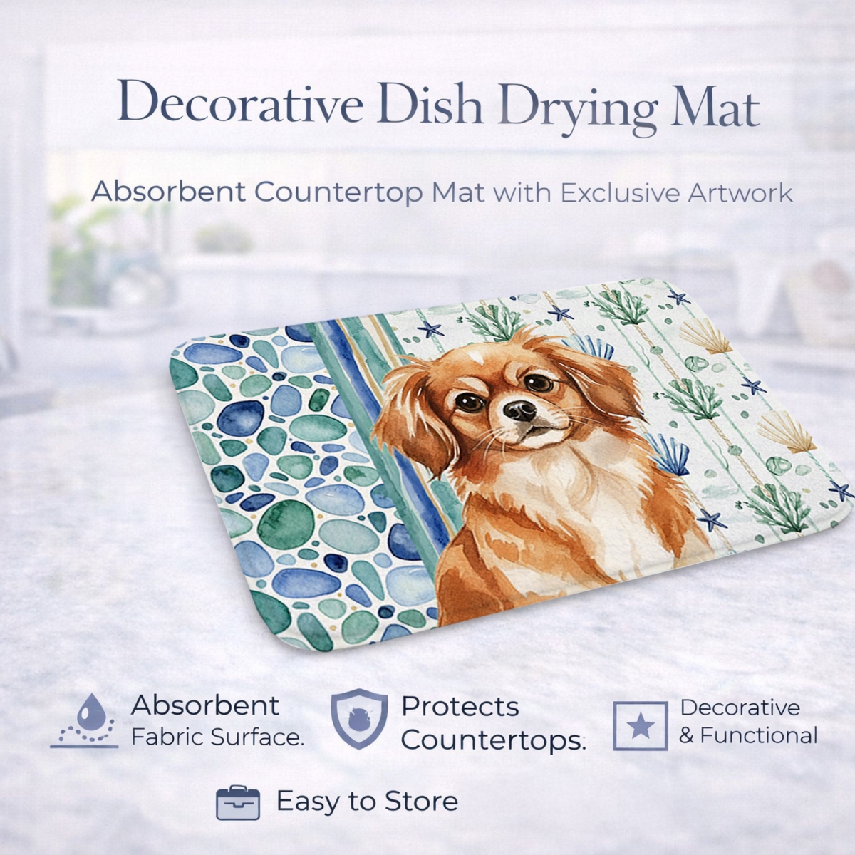 Picture of Carolines Treasures WDK7242DDM 21 x 14 in. Red Tibetan Spaniel Coastal Sea Glass Dish Drying Mat
