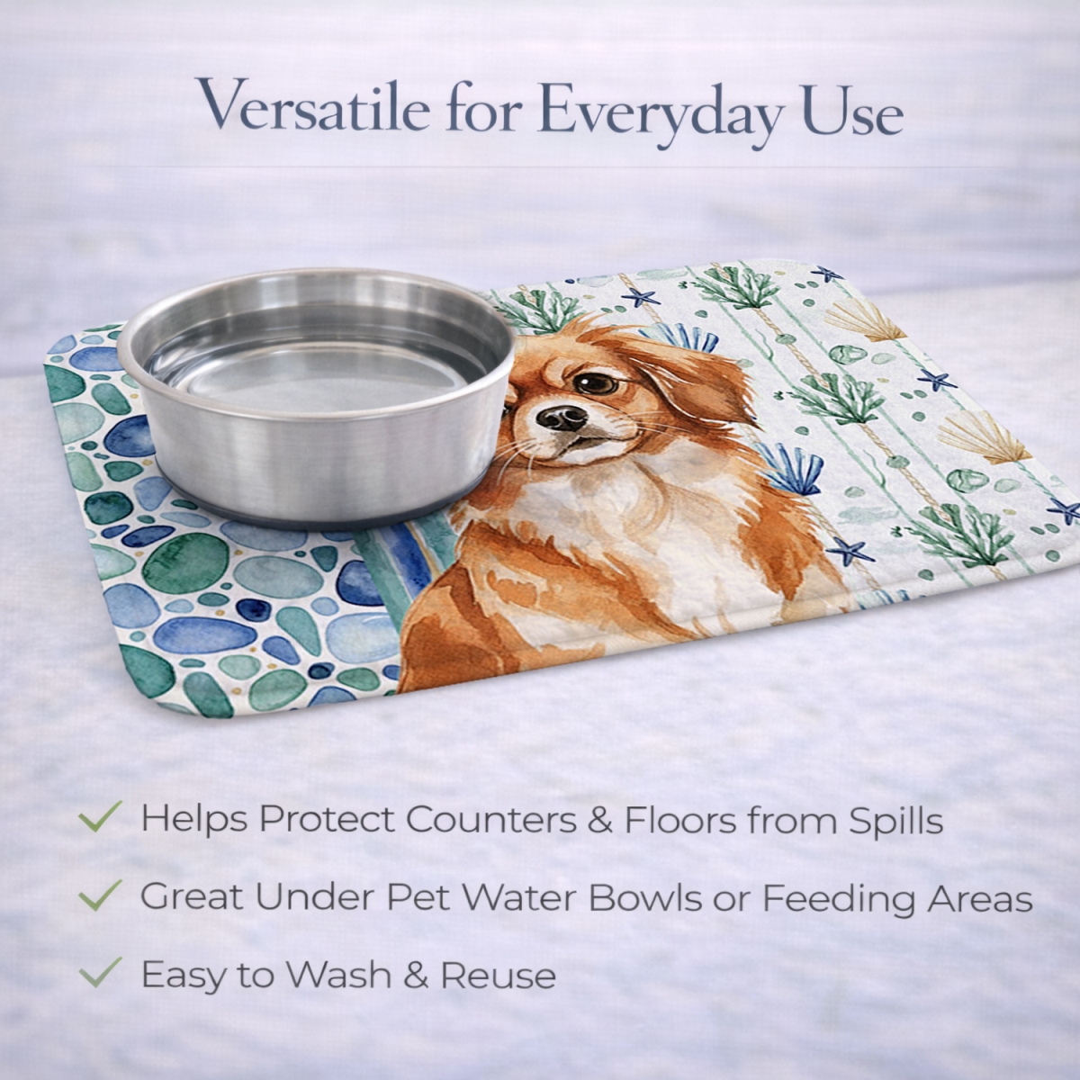 Picture of Carolines Treasures WDK7242DDM 21 x 14 in. Red Tibetan Spaniel Coastal Sea Glass Dish Drying Mat