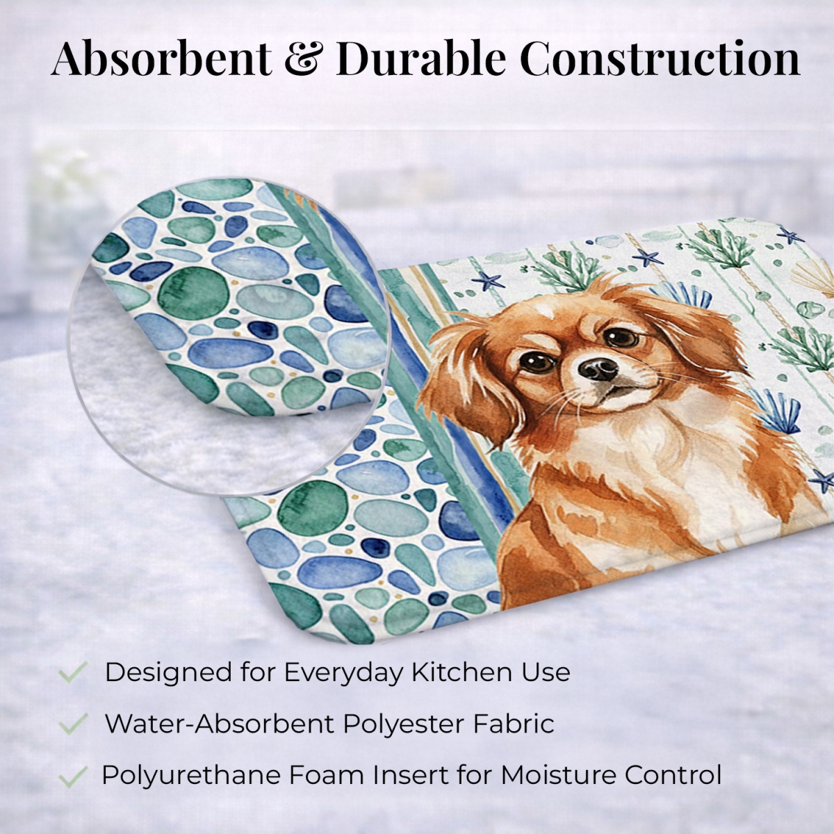 Picture of Carolines Treasures WDK7242DDM 21 x 14 in. Red Tibetan Spaniel Coastal Sea Glass Dish Drying Mat