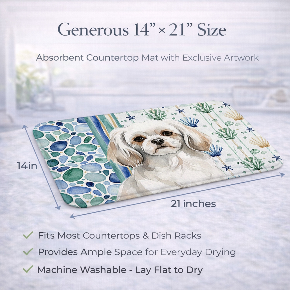 Picture of Carolines Treasures WDK7243DDM 21 x 14 in. White Tibetan Spaniel Coastal Sea Glass Dish Drying Mat