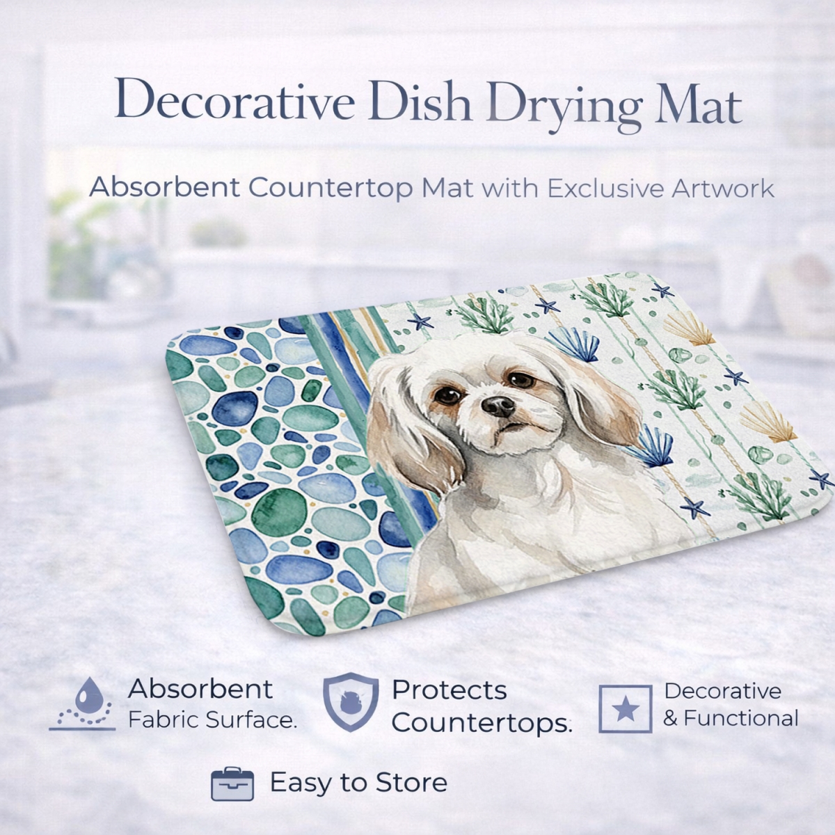 Picture of Carolines Treasures WDK7243DDM 21 x 14 in. White Tibetan Spaniel Coastal Sea Glass Dish Drying Mat
